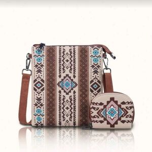 Aztec Print Crossbody Bag with Coin Pouch - Brown & Turquoise